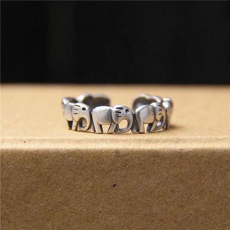 Vintage S925 Silver Adjustable Lucky Elephant Ring – Matte Finish