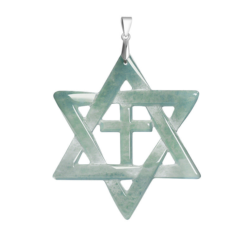 Natural Blue Water Jadeite Hexagram Cross Pendant – A-Grade Jade, S925 Silver, Unisex Fashion Necklace