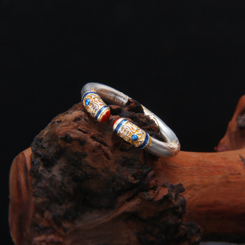 999 Pure Silver Gold-Inlaid Honeysuckle Pattern Ring