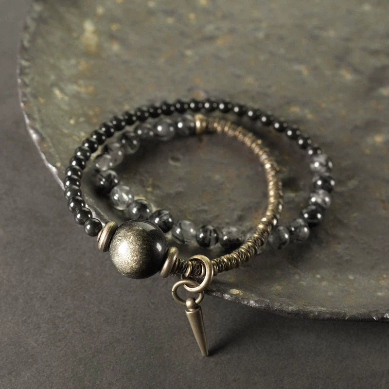 Obsidian & Black Rutilated Quartz Brass Bracelet for Protection & Focus