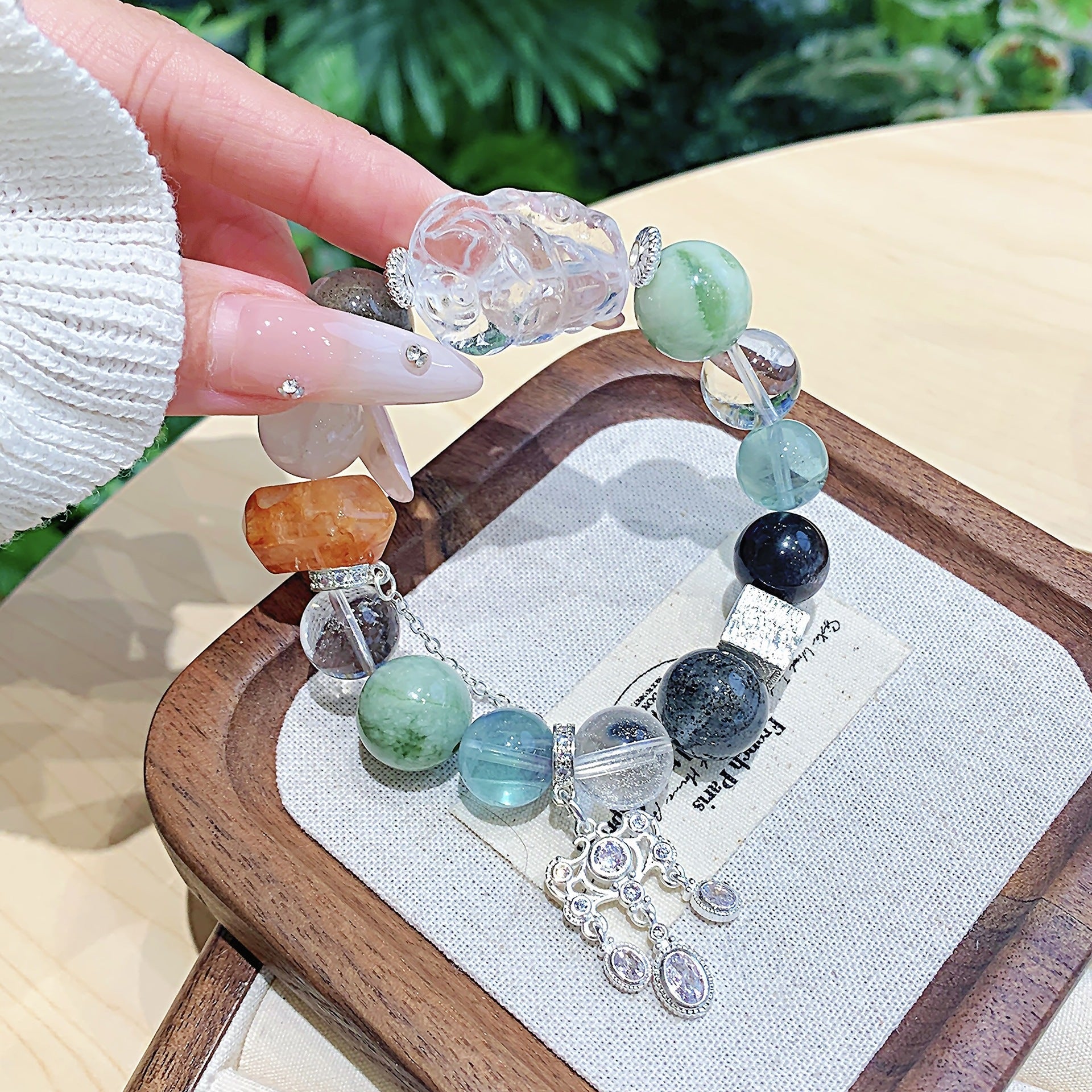 Custom Natural Xiuyan Jade Beaded Bracelet with White Crystal