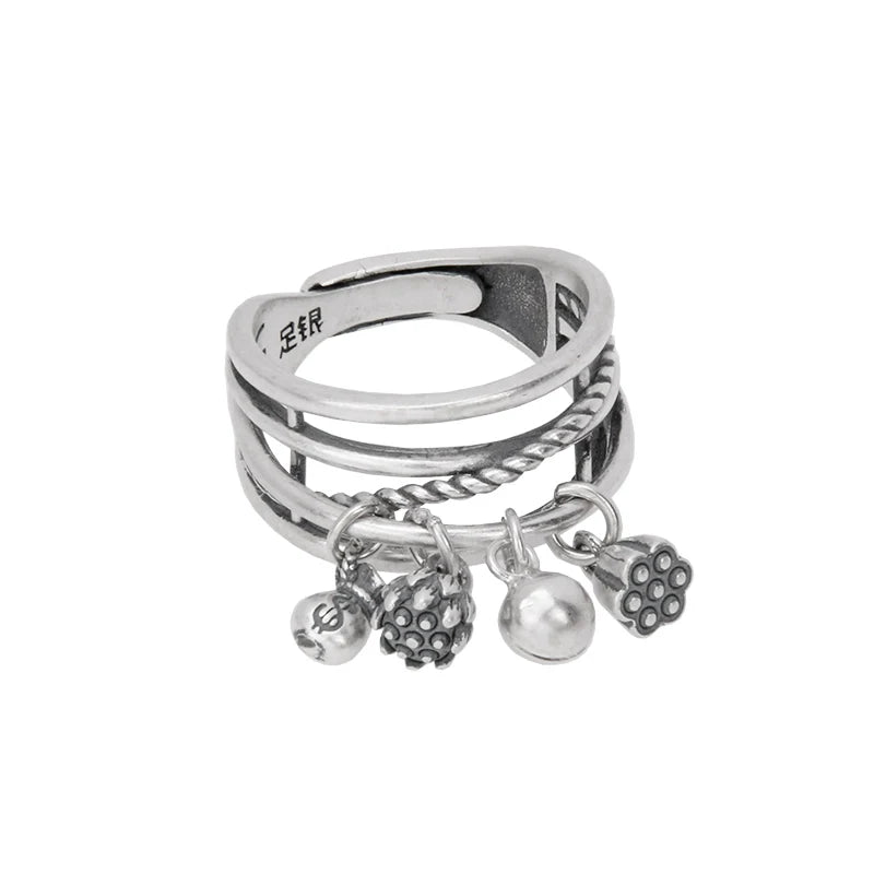 S999 Pure Silver Vintage Multi-Layer Ring with Bell, Lotus Tassel Charms