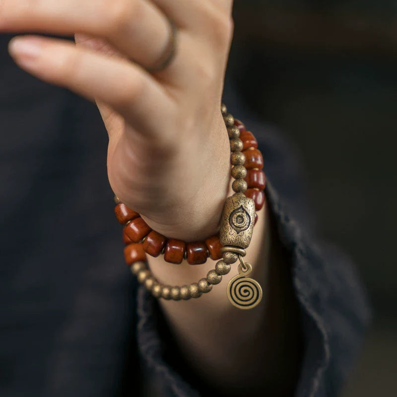 Tibetan Handmade Double-Wrap Yak Bone & Brass Dzi Bead Bracelet · Sacred Strength, Grounded Spirit
