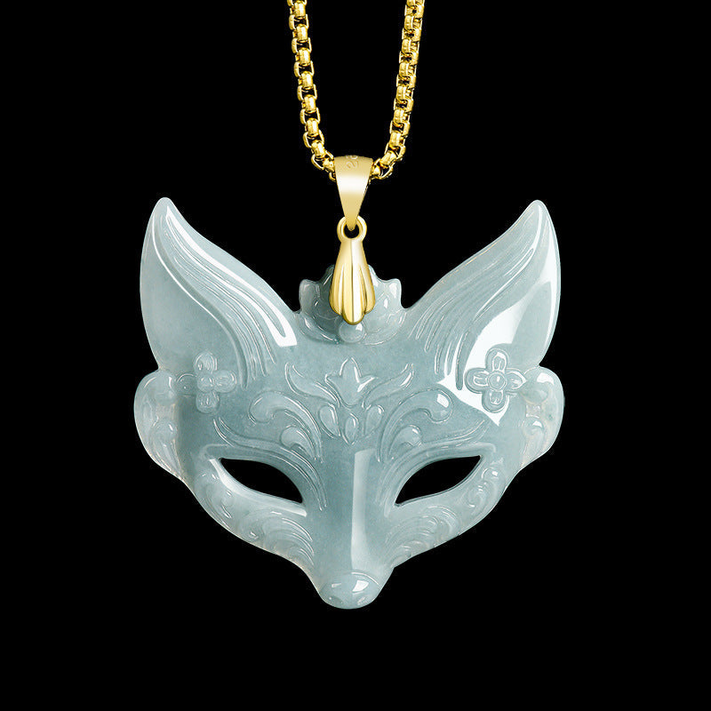 Natural Ice Blue Jadeite Fox Mask Pendant – Genuine A-Grade Blue Water Jade with S925 Silver, Unisex Talisman Necklace for Luck & Protection