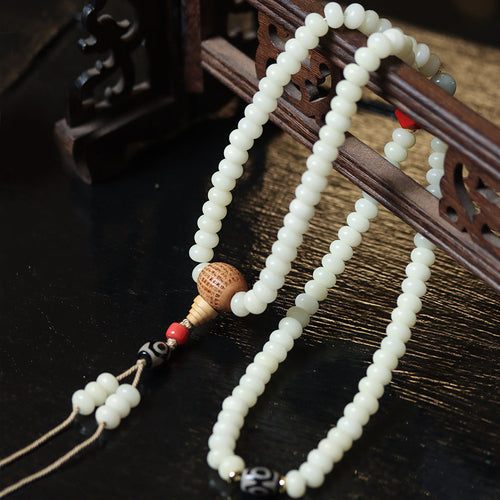 108 Mala Beads White Jade Bodhi Beads Bracelet with Boxwood Carved Heart Sutra Guru Bead