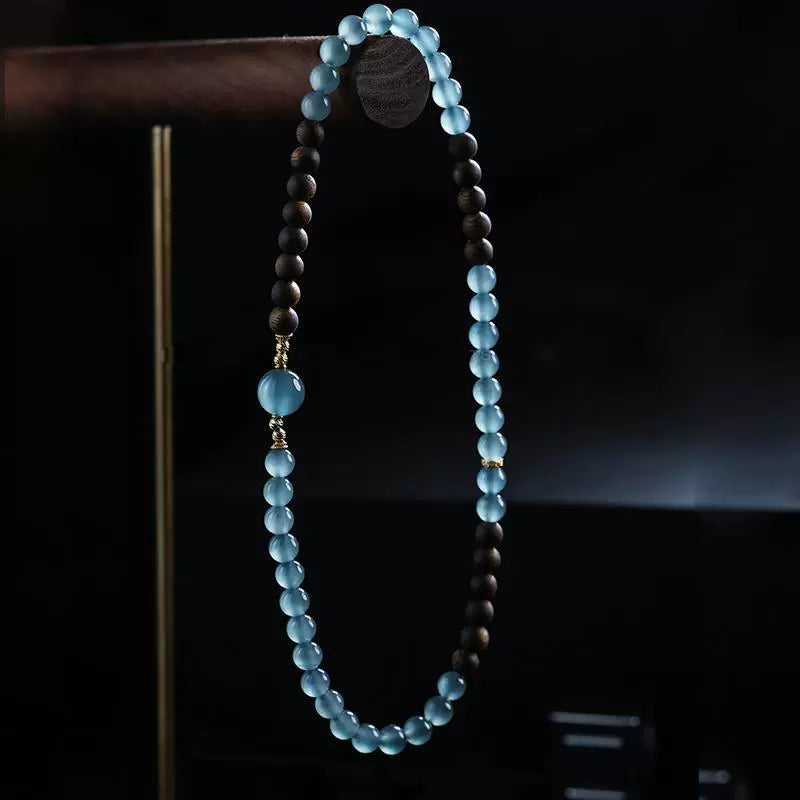 Natural Kyara Agarwood Bracelet with Premium Blue Water Ice Jadeite Multi-Layer Buddhist Prayer Beads