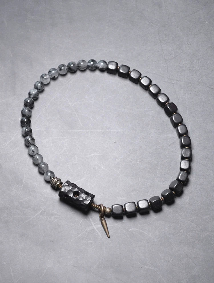 Double-Layer Black Rutilated Quartz & Ebony Wood Bracelet Men’s Vintage Protection Beads