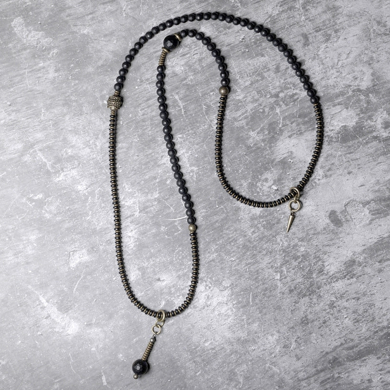Tibetan Vintage Wrap Bracelet · Black Agate, Brass & Ebony Wood · Multi-Layer Long Strand