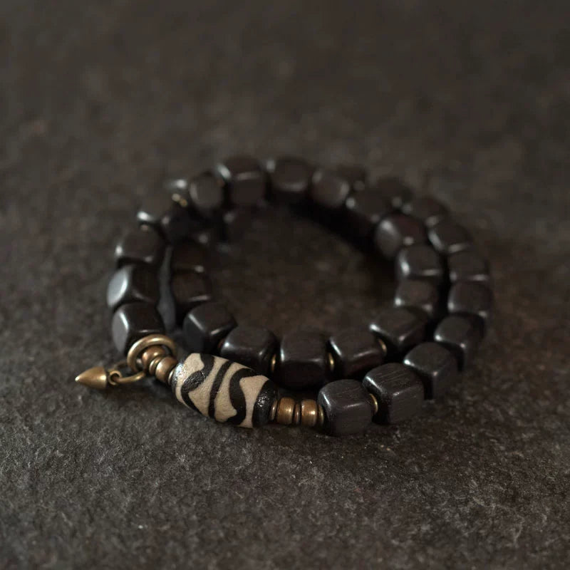 Tibetan Handmade Ebony Wood Dzi Bead Bracelet Vintage Couple Spiritual Jewelry