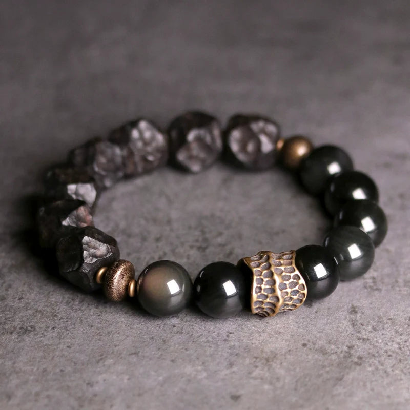 Tibetan Vintage Ebony Wood, Black Obsidian & Brass Bracelet – For Strength & Protection