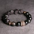 Tibetan Vintage Ebony Wood, Black Obsidian & Brass Bracelet – For Strength & Protection