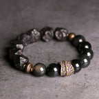 Tibetan Vintage Ebony Wood, Black Obsidian & Brass Bracelet – For Strength & Protection