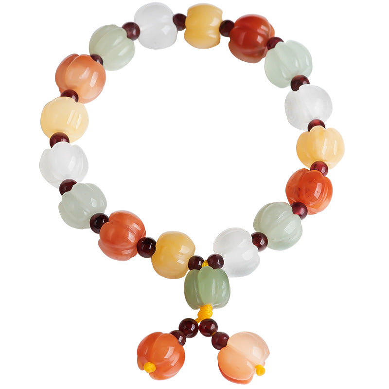 Natural Xinjiang Golden Silk Jade Multicolor Pumpkin Bracelet – Hand-Carved Lucky Feng Shui Jewelry, Unisex