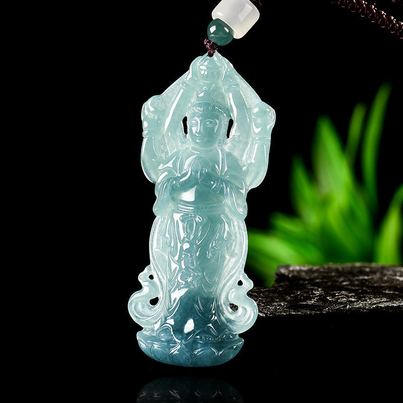 Natural Blue Water Jadeite Thousand-Armed Guanyin Pendant – Zodiac Rat Guardian Buddha