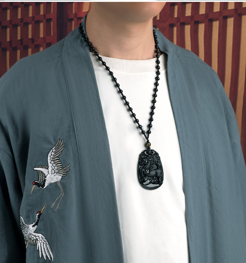 Natural A-Grade Black Jadeite Horse Zodiac Pendant