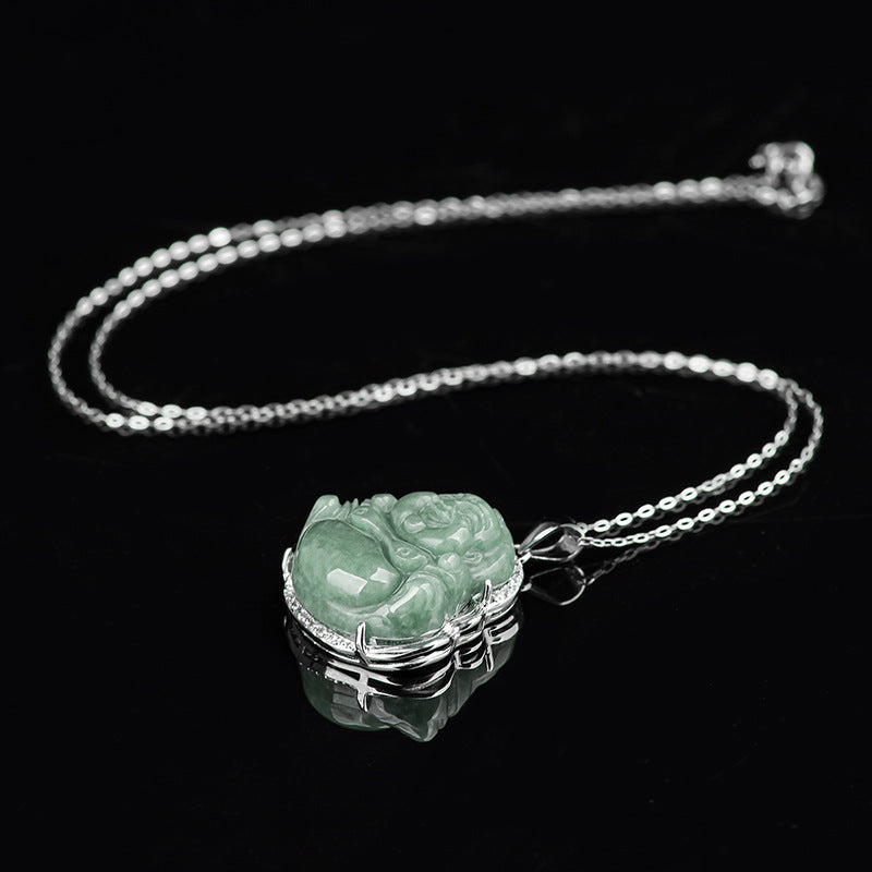 Natural Jade Laughing Buddha Pendant S925 Silver Inlaid Necklace for Women