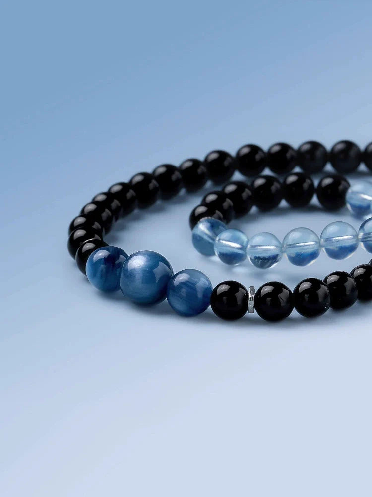 Obsidian & Aquamarine Double-Wrap Bracelet – New Year Fortune & Wealth Attraction Charm