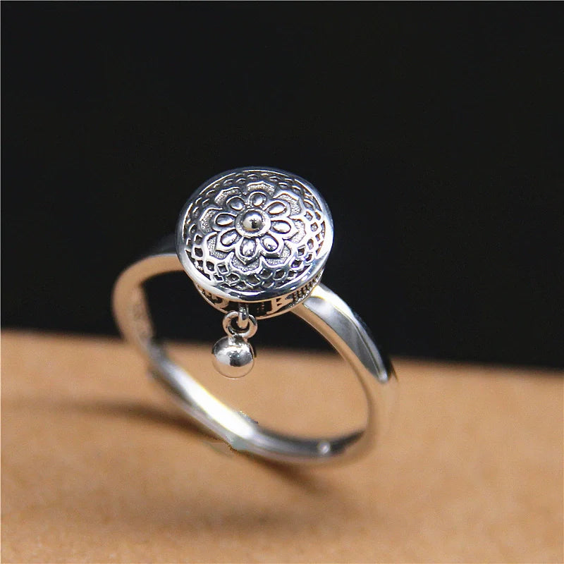 Six-Character Prayer Wheel Mantra Ring S925 Silver Jewelry Opening Adjustable