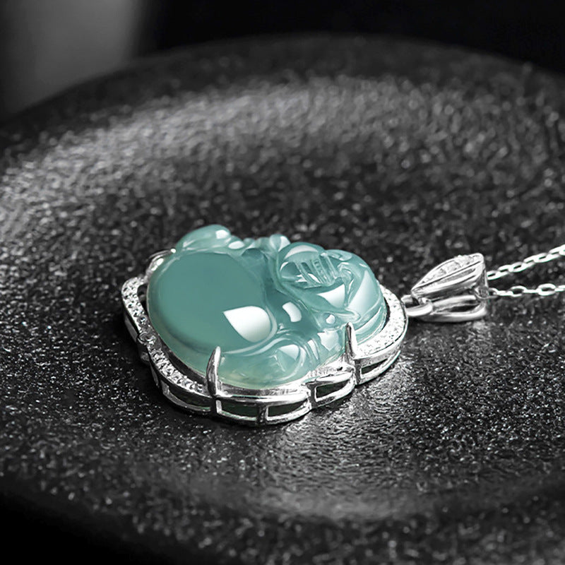Natural Ice Blue Jadeite Buddha Pendant – A-Grade Blue Water Jade, S925 Silver Setting, 45cm Chain, Women’s Spiritual Talisman