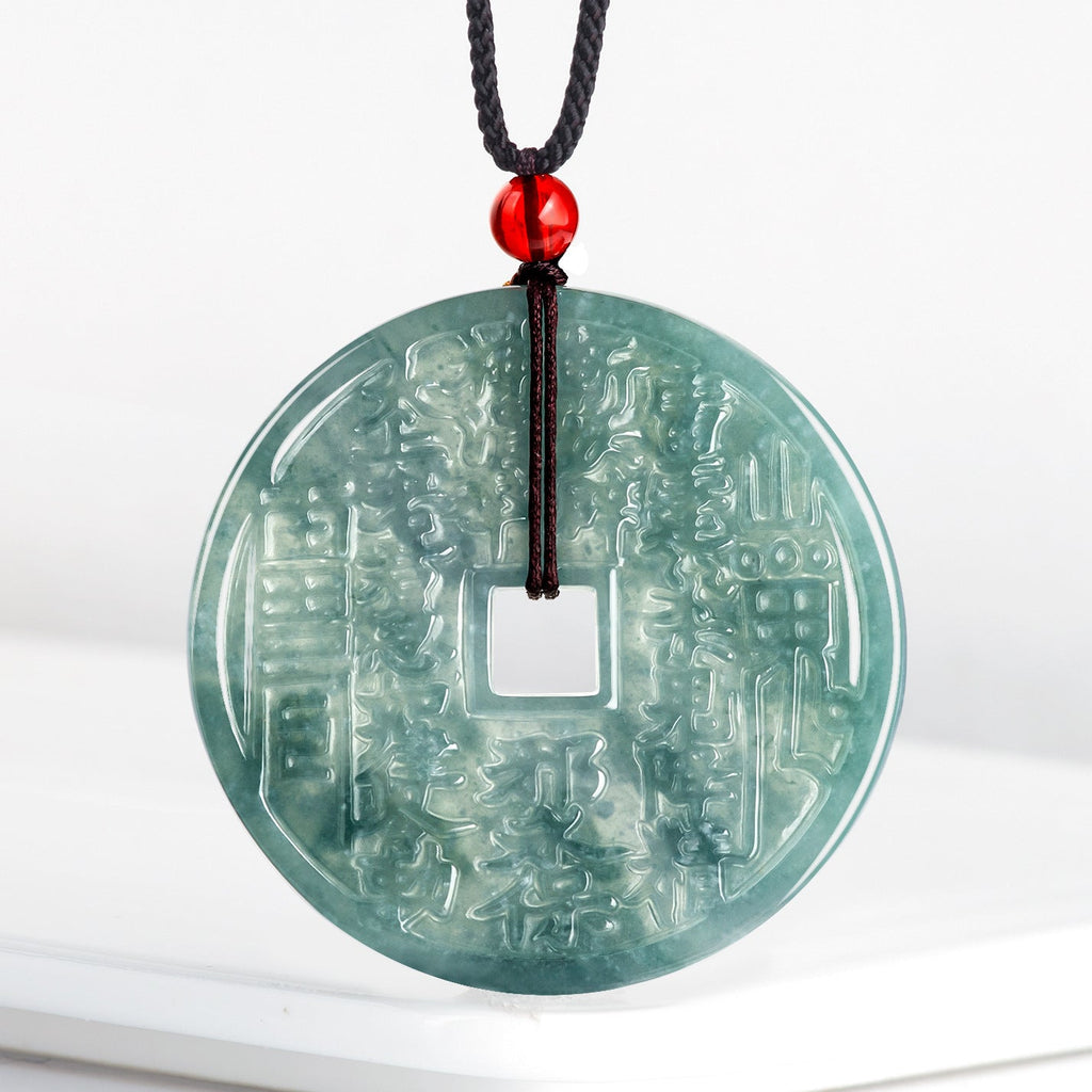 Natural Ice Blue Jadeite Shangui “Lucky Coin” Pendant – Genuine A-Grade Blue Water Jade, Feng Shui Talisman
