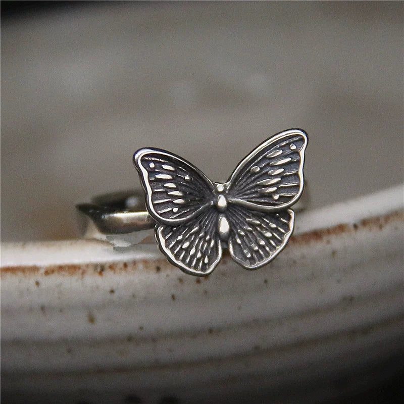 Vintage S925 Sterling Silver Adjustable Butterfly Ring for Women