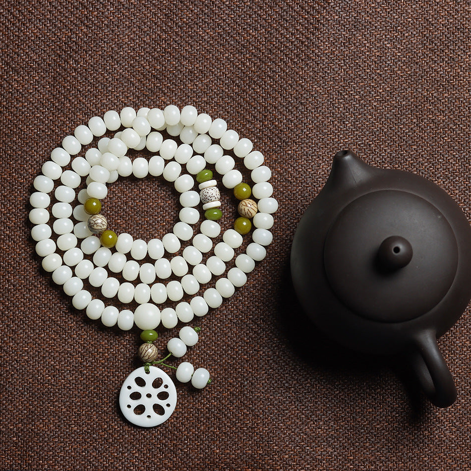 White Jade Bodhi 108 Mala Beads Bracelet with Carved Lotus Slice Pendant