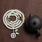 White Jade Bodhi 108 Mala Beads Bracelet with Carved Lotus Slice Pendant