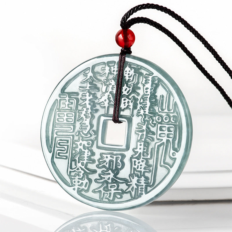 Natural Ice Blue Jadeite Shangui “Lucky Coin” Pendant – Genuine A-Grade Blue Water Jade, Feng Shui Talisman