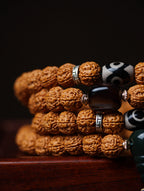 Dragon Vein Exploding Texture Rudraksha 108 Mala Beads Bracelet with Alxa Agate Accents