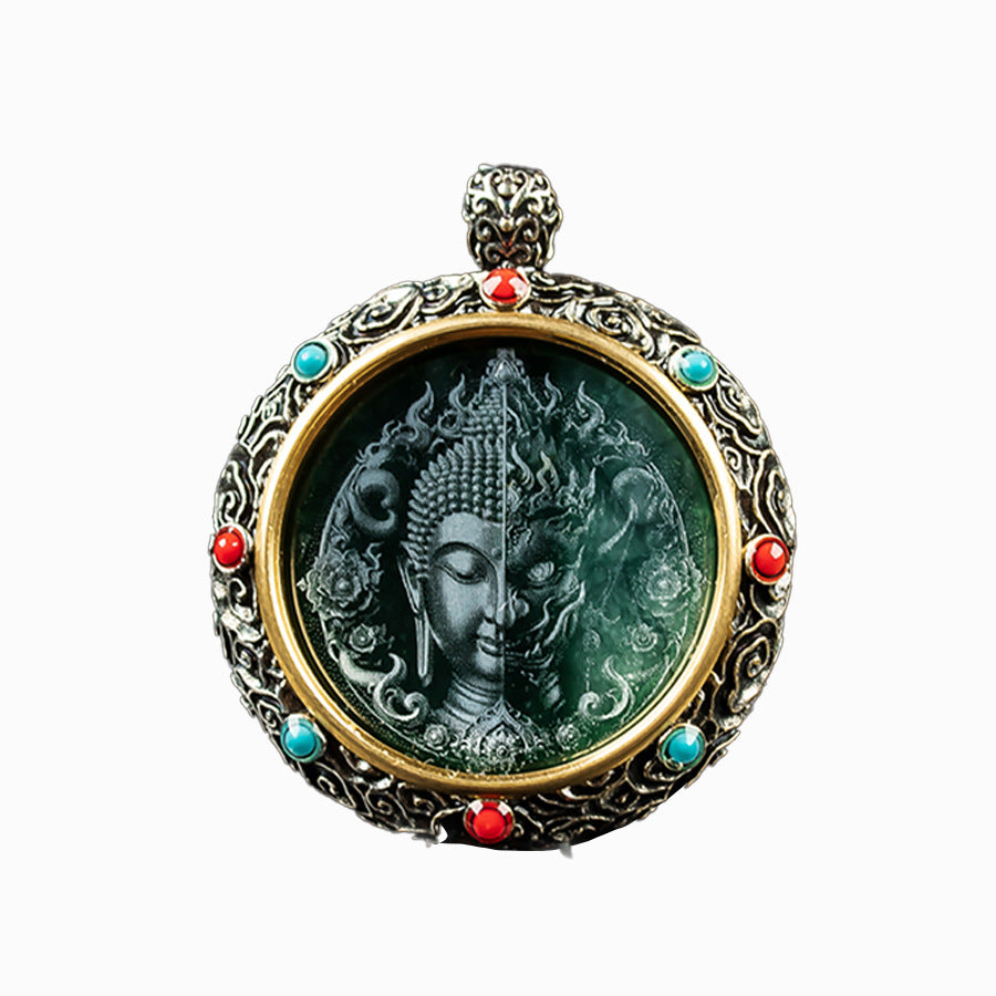 Natural A-Grade Jadeite "One Thought" Tibetan Silver Prayer Wheel Pendant – High Ice Jadeite with Vintage Silver Inlay