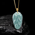 Natural Ice Blue Jadeite Leaf Pendant – Genuine A-Grade Blue Water Jade, 18K Gold Setting with 45cm Silver Chain