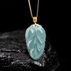 Natural Ice Blue Jadeite Leaf Pendant – Genuine A-Grade Blue Water Jade, 18K Gold Setting with 45cm Silver Chain