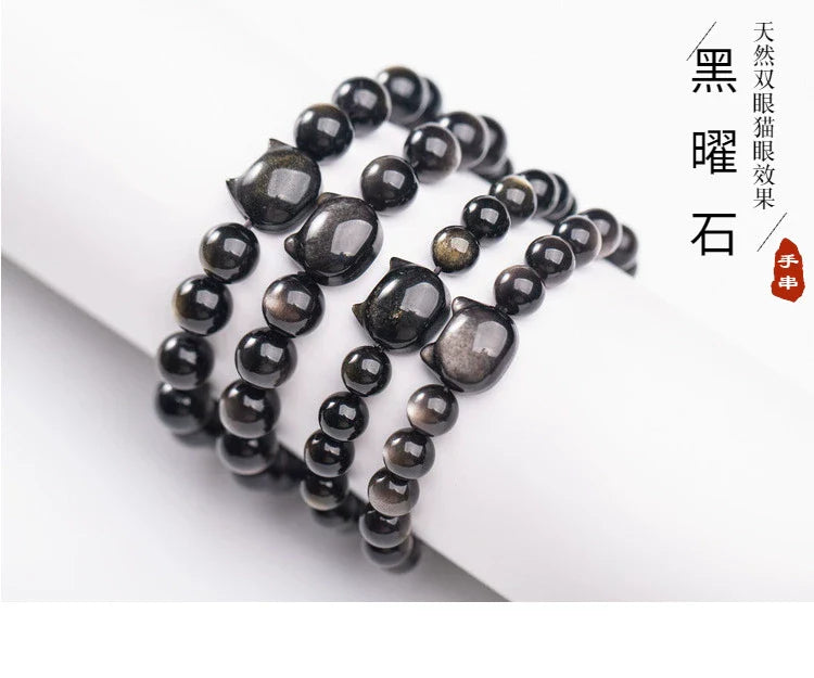 Natural Obsidian Cat Face Bead Bracelet – Natural Gold & Silver Obsidian, Dark Cat Style Jewelry