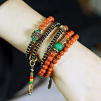 Vintage Wrap Bracelet · Red Agate, Ebony Wood & Brass · Multi-Layer Long Strand for Men and Women