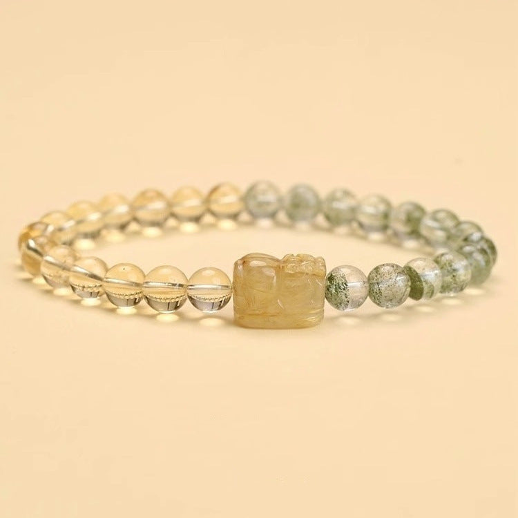 Natural Green Phantom Quartz and Citrine Feng Shui Pixiu Bracelet