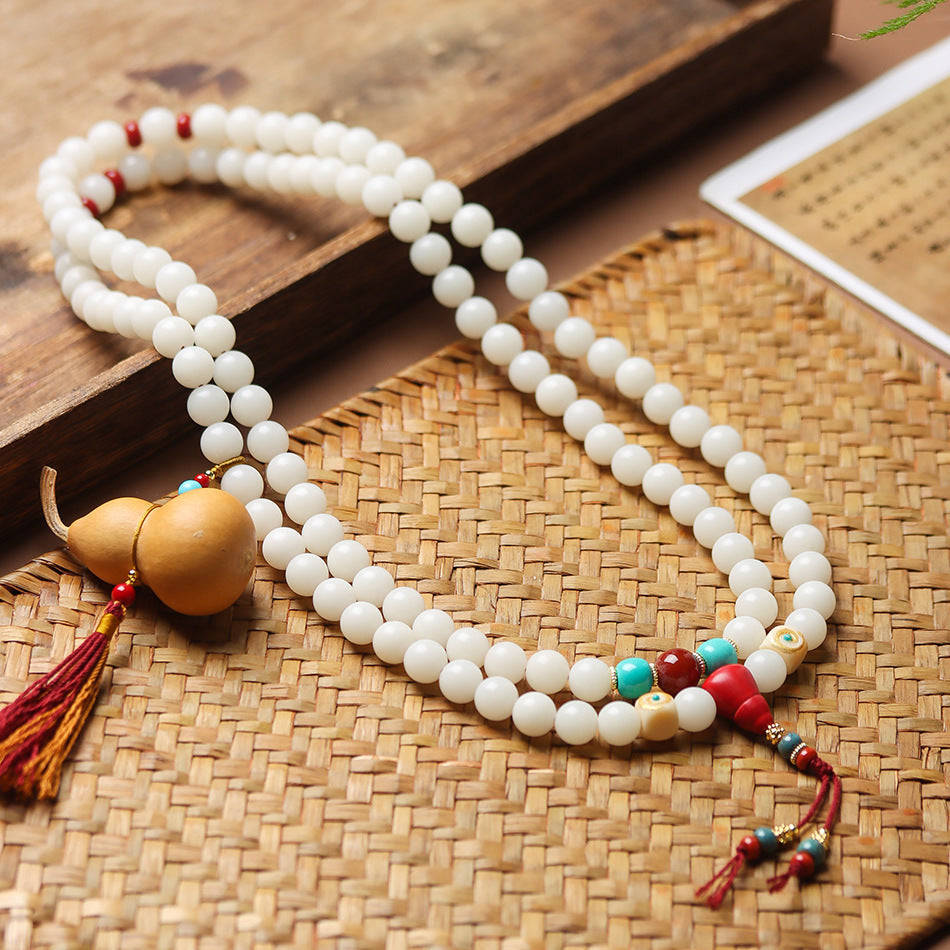 High-Polish White Jade Bodhi 108 Beads Bracelet with Hand-Carved Gourd Charm – Handheld or Crossbody Style