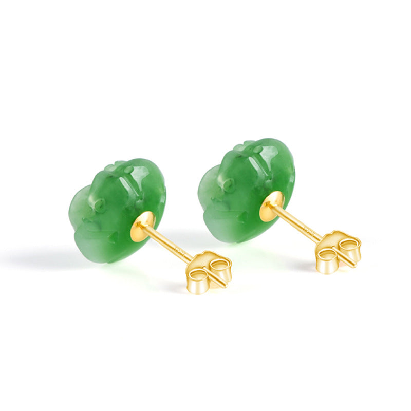 Women’s Aged Hetian Green Jade Rose Stud Earrings with S925 Silver Inlay
