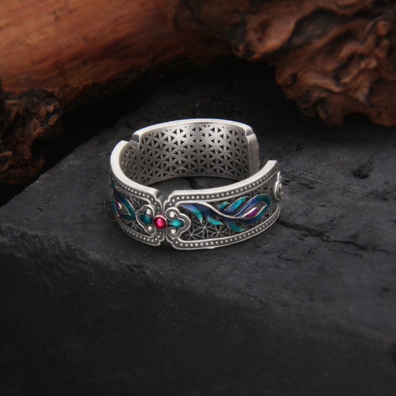 999 Pure Silver Hollow Enamel Ring