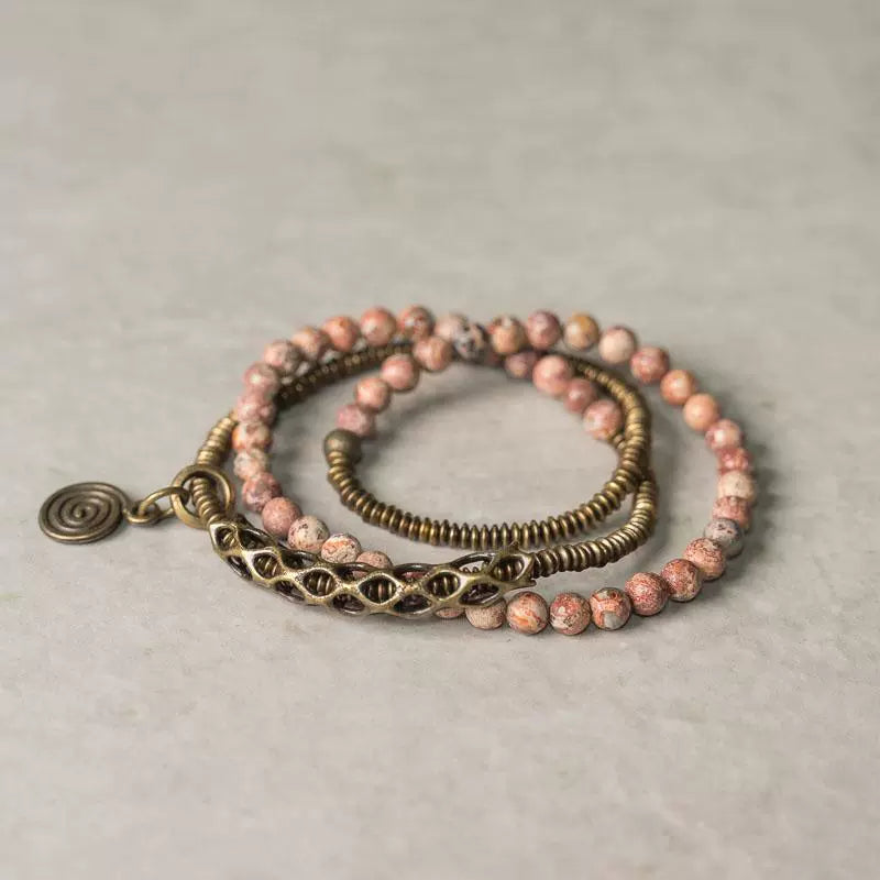 Vintage Multi-Layer Flower Red Jasper Bead Bracelet – Long Wrap with Brass Accents