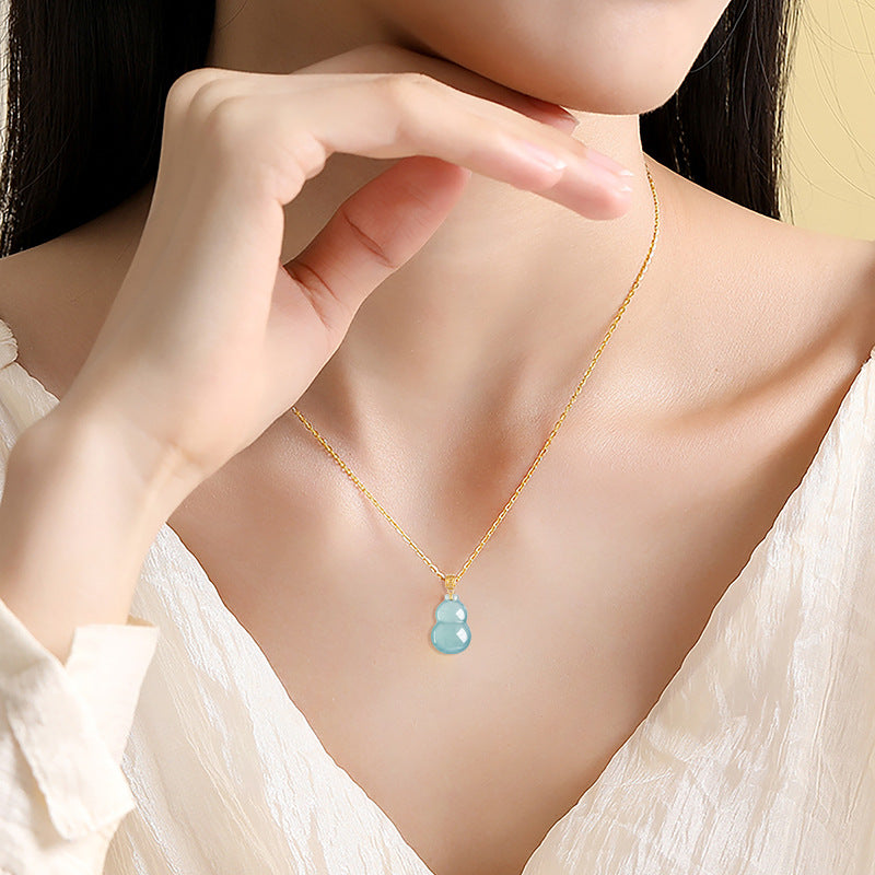 Natural A-Grade Blue Jadeite Gourd Pendant with 18K Gold Setting