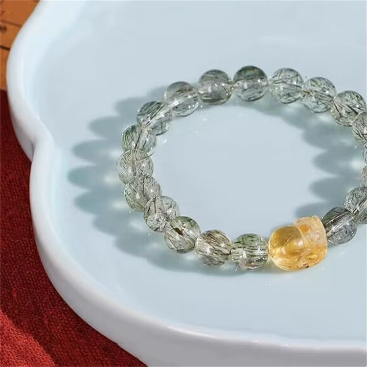 Feng Shui Pixiu Bracelet Natural Green Rutilated Quartz Crystal Bracelet