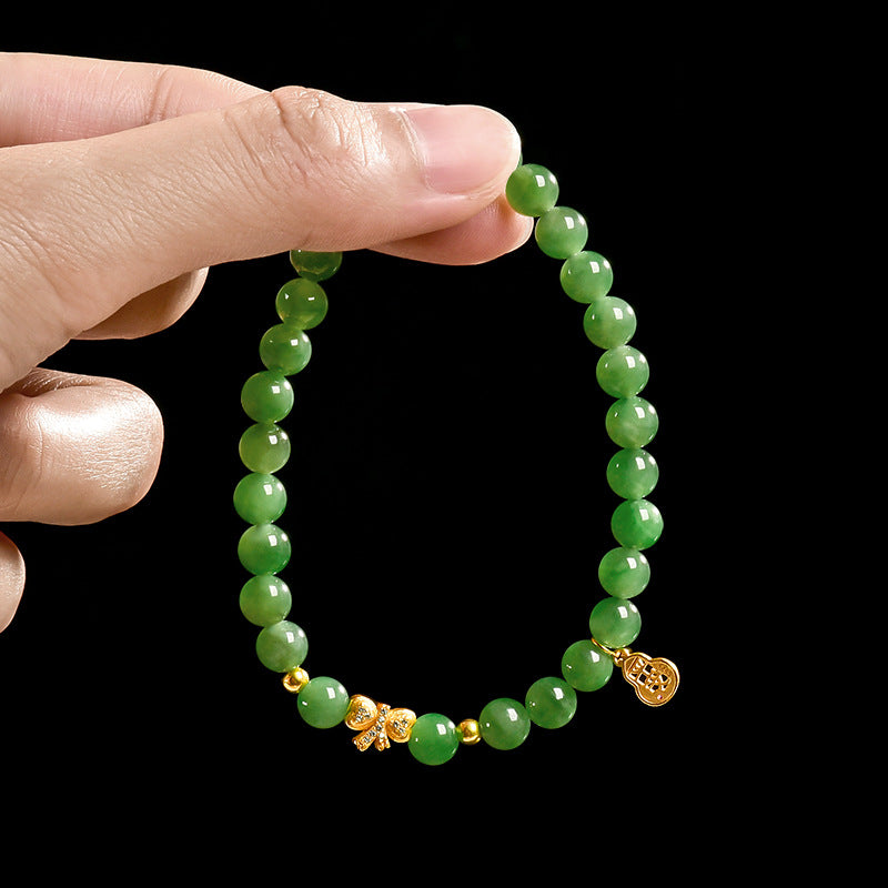 Women’s Handcrafted Aged Green Hetian Jade Bracelet with Golden Charms