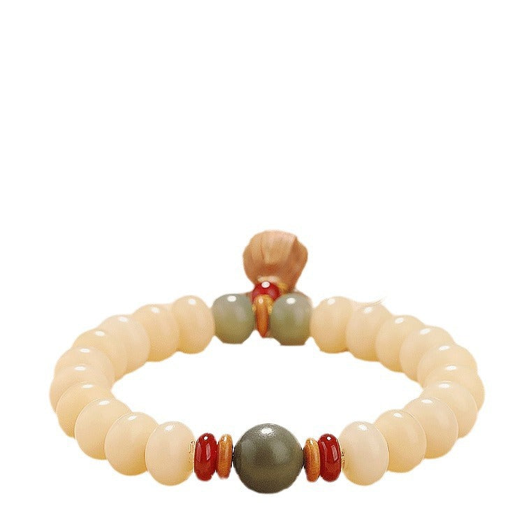 Cream-Toned White Jade Bodhi Bracelet with Boxwood Lotus Pod – Available in Single, Double Wrap, or 108 Mala