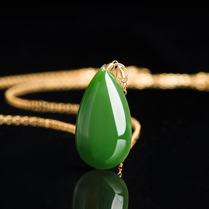 Natural Spinach Green Aged Hetian Jade Teardrop Pendant Necklace, Unisex, 18K Gold Setting