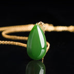 Natural Spinach Green Aged Hetian Jade Teardrop Pendant Necklace, Unisex, 18K Gold Setting