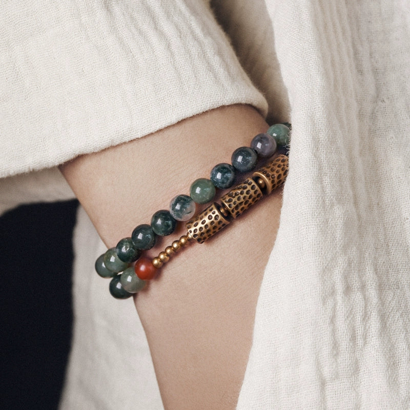 Double-Layer Moss Agate Beaded Bracelet with Brass Accents – Women's Grounding & Growth Bracelet