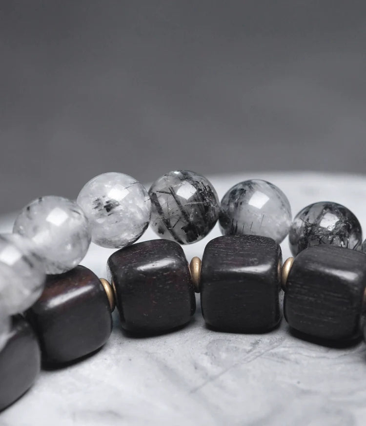 Double-Layer Black Rutilated Quartz & Ebony Wood Bracelet Men’s Vintage Protection Beads