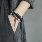 Double-Layer Black Rutilated Quartz Bracelet with White Crystal Pendant for Protection & Mental Clarity