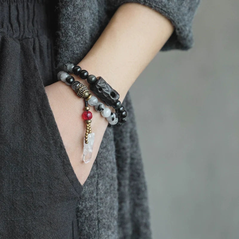 Double-Layer Black Rutilated Quartz Bracelet with White Crystal Pendant for Protection & Mental Clarity