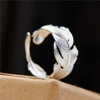 S925 Sterling Silver Handmade Adjustable Feather Ring – Open Band Couple Ring